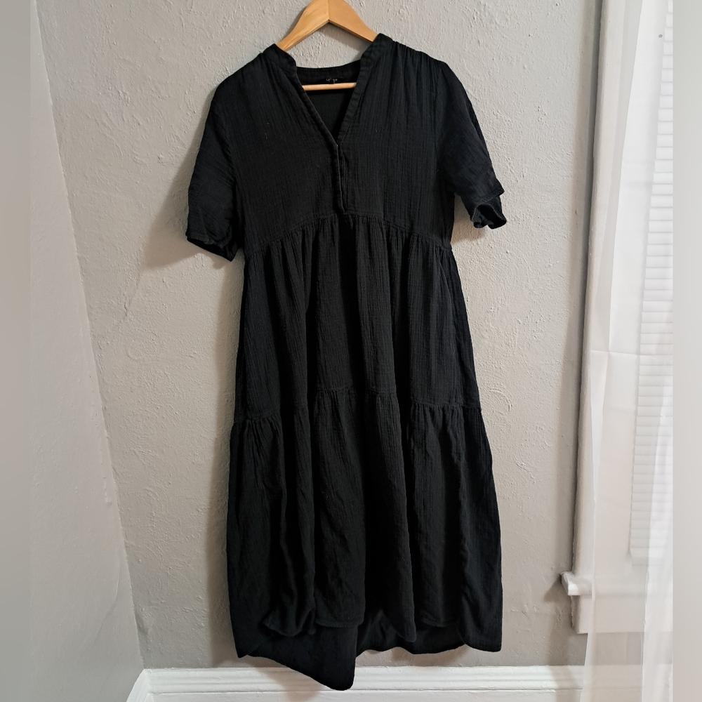Quince Black Gauze Midi Dress
